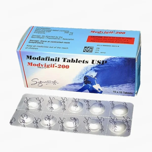 a box of Modafinil 200mg pills and packaging